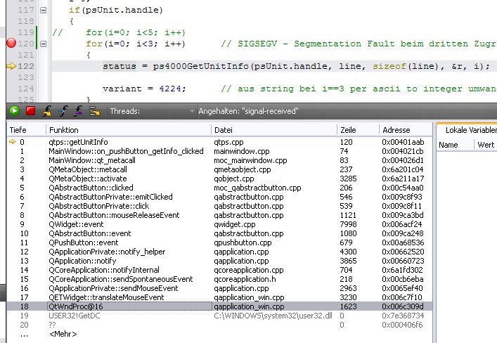 Debugger bei/nach SIGSEGV Fehlermeldung