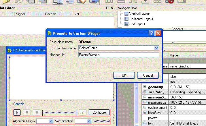 So sieht die Ansicht im Designer aus, wenn ich meinen QFrame als Custom Widget promote.